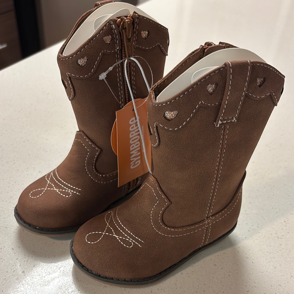 Toddler Brown Suede Cowboy Boots with Glitter Heart Details